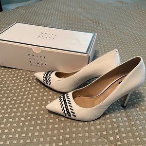 WHBM White pumps with detailed- pairs beautifully w/listed WHBM pinstripe blazer